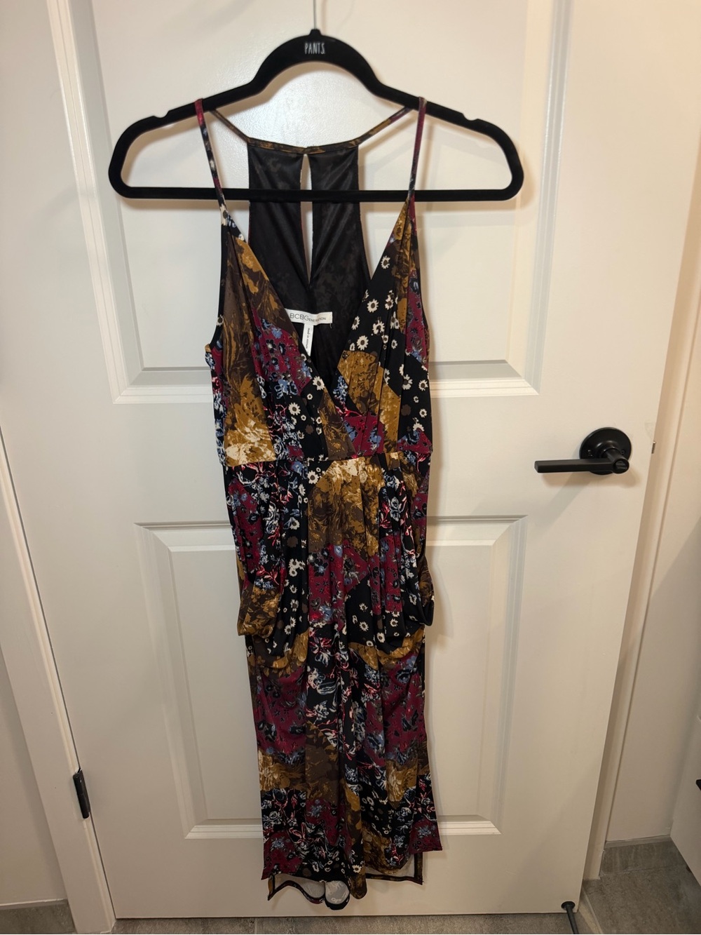 BCBGeneration Black Floral Maxi Dress with Gold and Magenta Accents